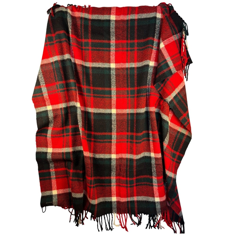 Vintage Troy Leisure Blanket Plaid Fringe Throw Red Green Made in‎ USA 50x106